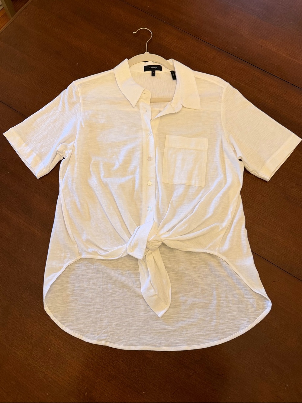 Theory 100% Cotton White Short Sleeve Tie Front Button Down Shirt Size M - Picture 4 of 7